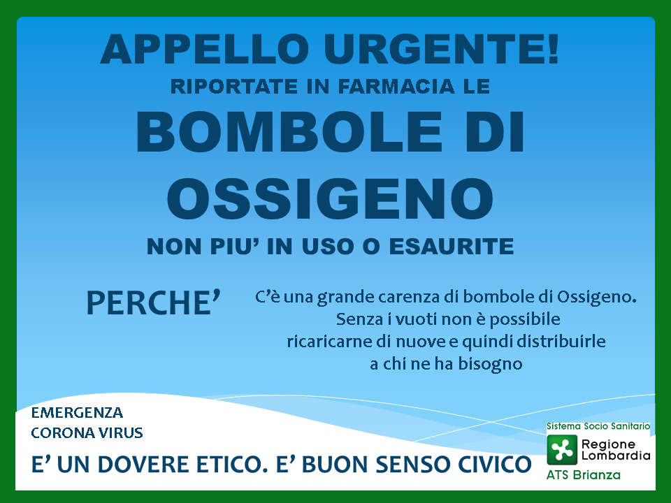 Stanno finendo le bombole d’ossigeno,l’appello: “Riportatele in farmacia”