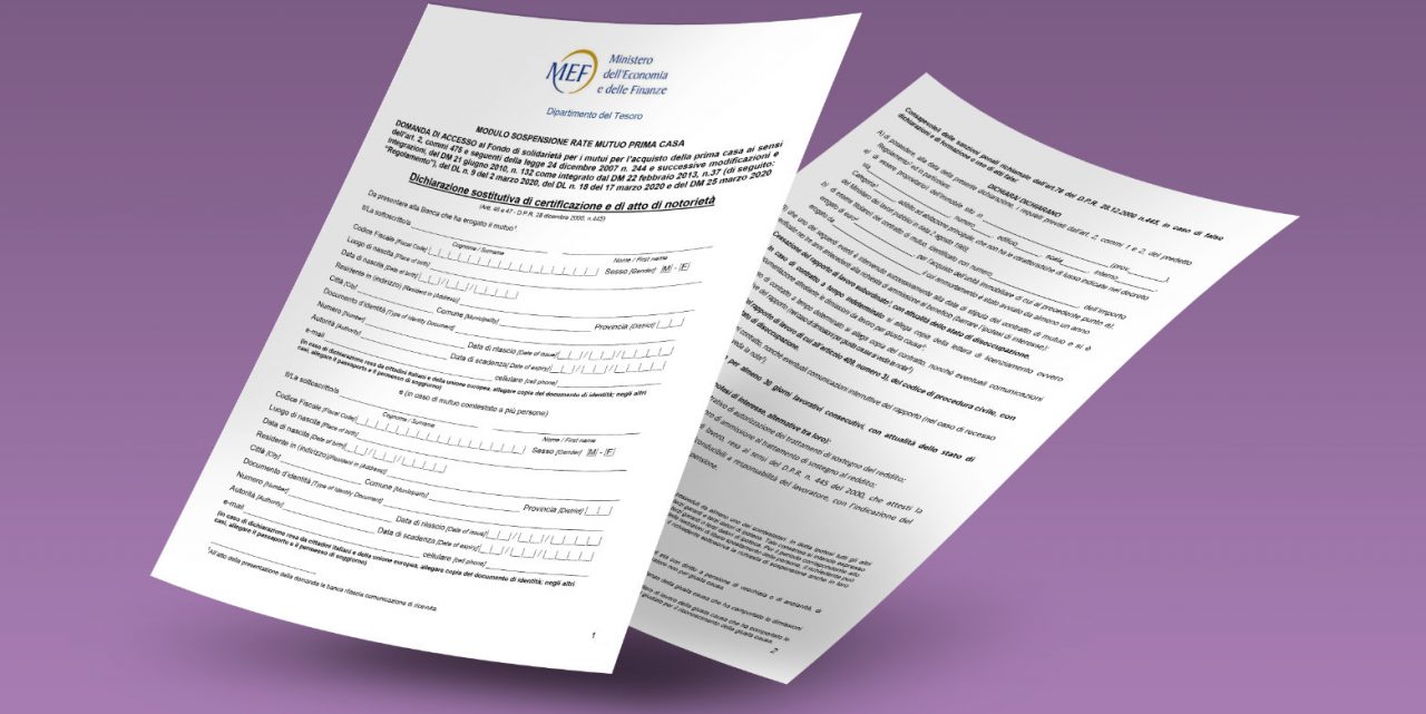 Coronavirus: ecco il  modulo per accedere al Fondo per la sospensione dei mutui sulla prima casa SCARICALO QUI