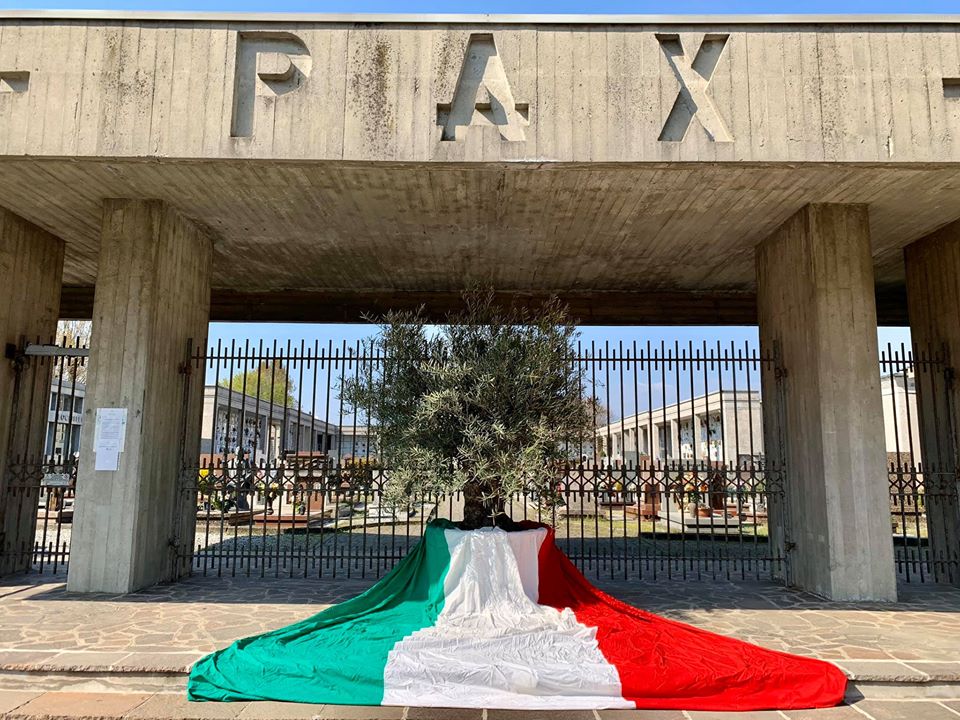 Pianta d’ulivo e bandiera tricolore all’ingresso del cimitero