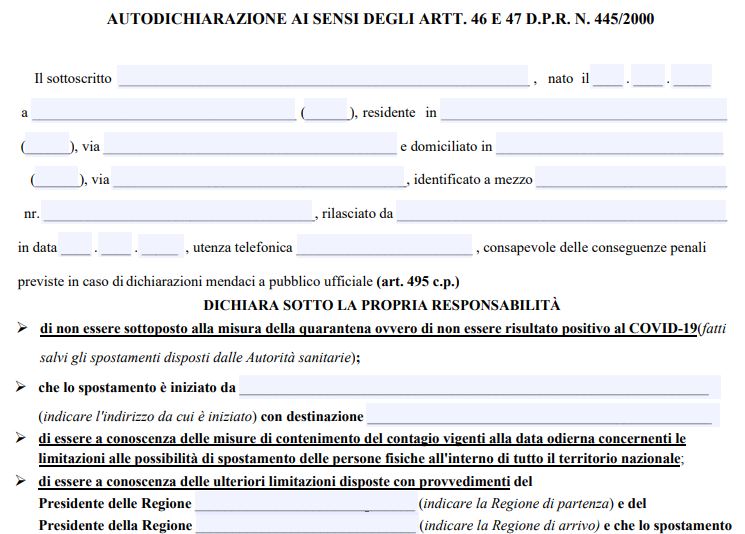 Ecco il modello di autocertificazione necessario per uscire dalla regione