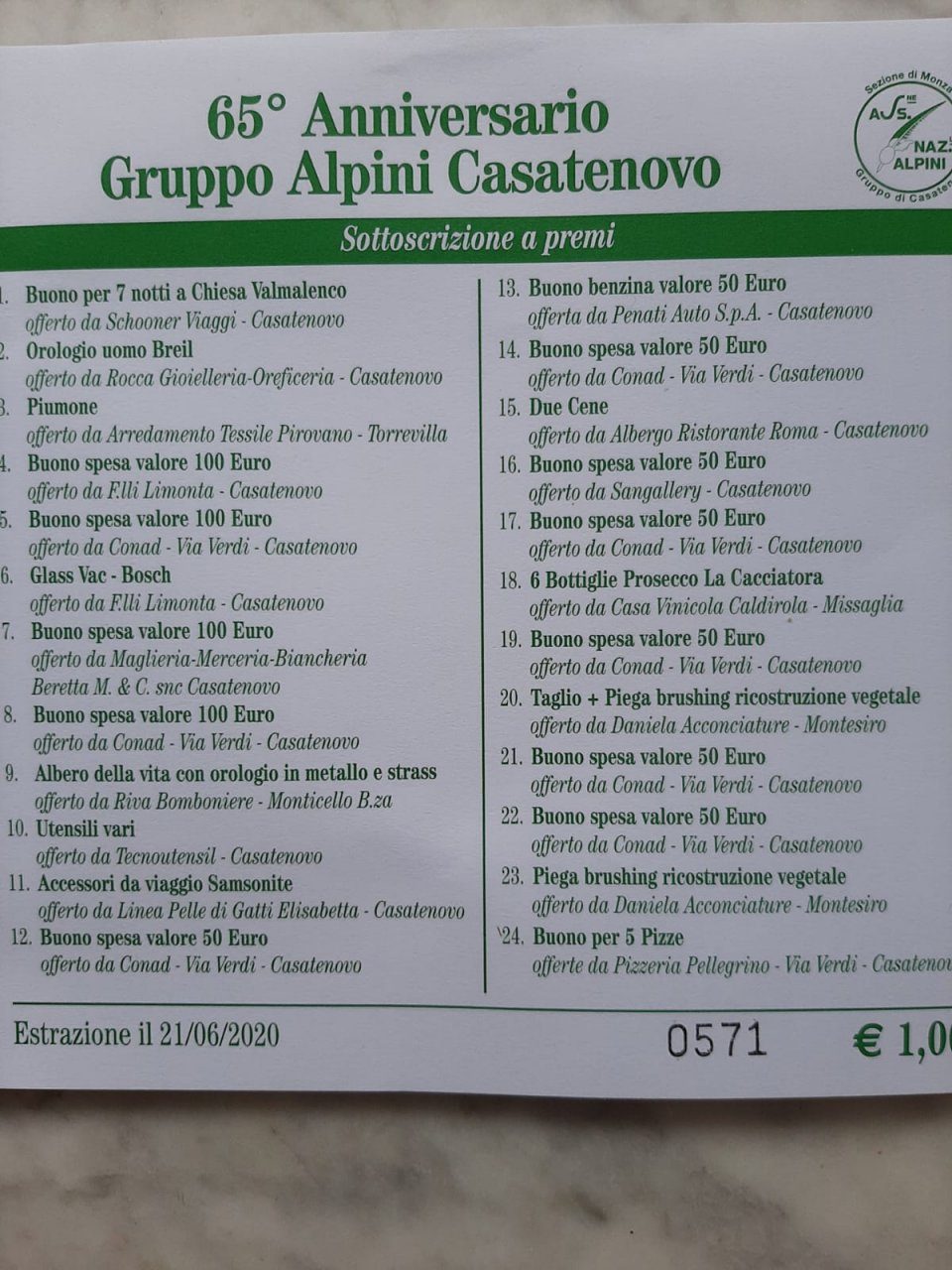 Casatenovo: rinviata a settembre l’estrazione della sottoscrizione a premi degli Alpini