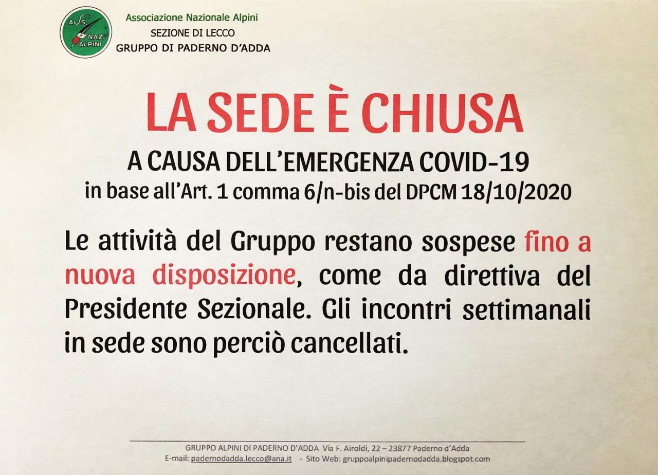 Emergenza sanitaria: gli Alpini di Paderno richiudono la sede
