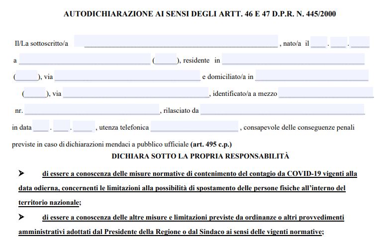 Ultimi giorni di zona gialla, poi per muoversi servirà l’autocertificazione CLICCA QUI PER STAMPARLA