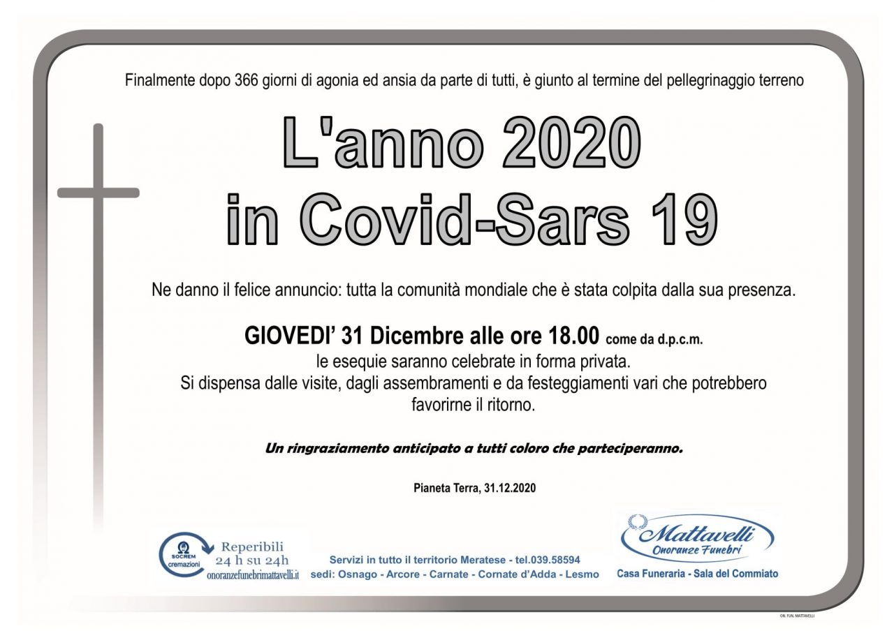 Curioso necrologio: è morto… il 2020, la comunità mondiale ne dà il “felice annuncio”