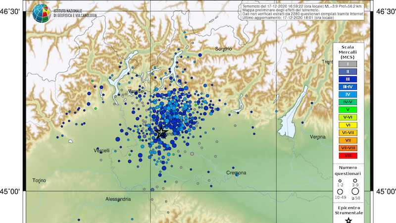 Terremoto in Lombardia: scossa avvertita  distintamente anche a Lecco e in Brianza, epicentro a Pero