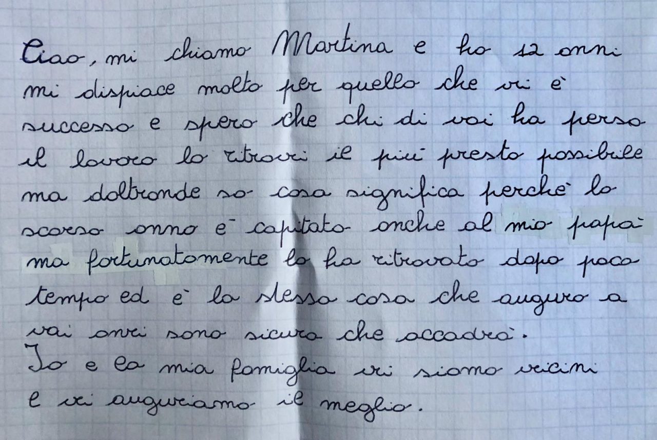 Toccante lettera di una bambina agli operai della Voss