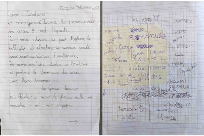 “Sindaco puoi togliere le bottiglie di plastica dalla mensa perchè sono preoccupato per l’ambiente?”. La lettera di Giosuè e la risposta di Gattinoni alla ribalta nazionale