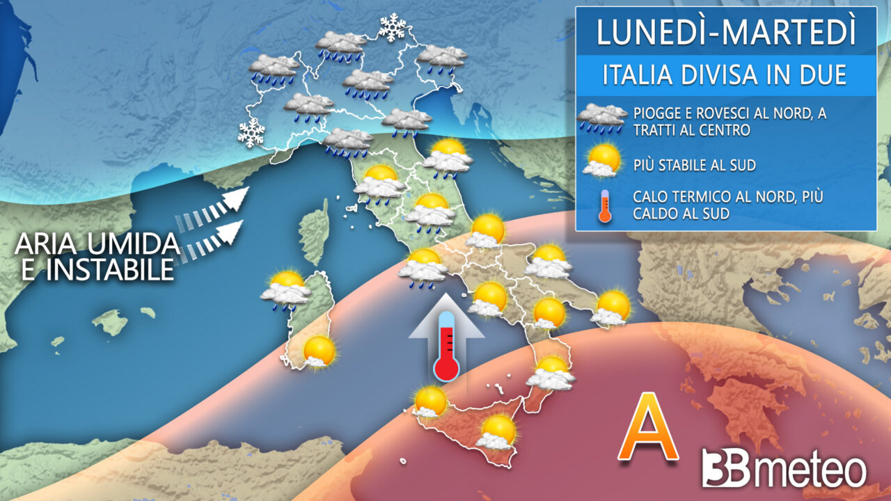 Il meteo divide l’Italia: piogge e temporali al Centronord, caldo al Sud | PREVISIONI METEO