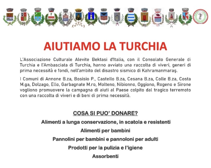 Raccolta viveri per sostenere il popolo turco: diversi i comuni che vi partecipano