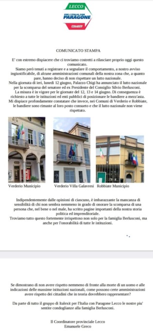 Lutto nazionale, Verderio e Robbiate non posizionano le bandiere a mezz’asta