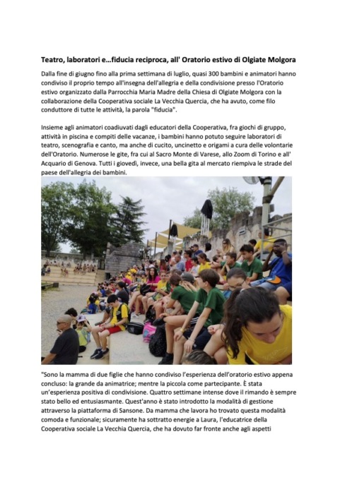 Più di 300 bambini all’oratorio estivo della parrocchia di Olgiate