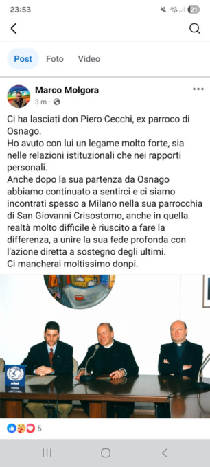 E’ morto don Piero Cecchi, storico parroco di Osnago