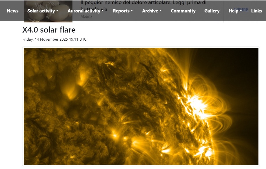 Foto 5: Sono diversi i siti web dedicati allo studio del Sole. Quello più ricco di informazioni è spaceweatherlive.com, ora anche in lingua italiana, che fornisce dati e immagini dell’attività solare catturate dalle sonde spaziali. La spettacolare immagine mostra come appare il Sole se osservato a una lunghezza d’onda di 17,1 nanometri (ultravioletto estremo). É stata scattata dalla sonda SDO (Solar Dynamic Observatory) della NASA e mostra gli archi di plasma emessi durante un brillamento solare che si estendono dalla superficie del Sole verso l’esterno.