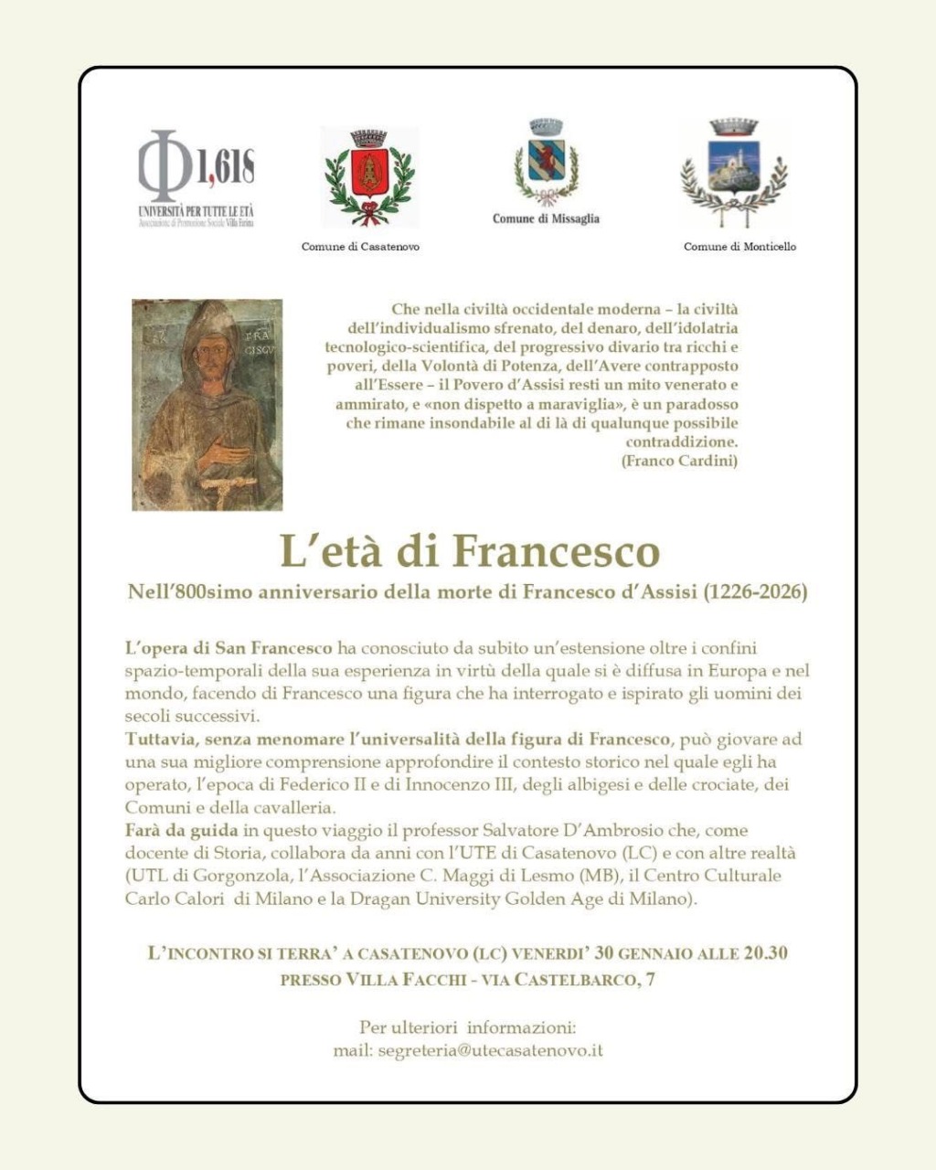 “L’età di Francesco”: a Casatenovo l’incontro il 30 gennaio